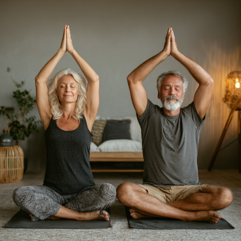 Літня жінка практикує йогу на природі